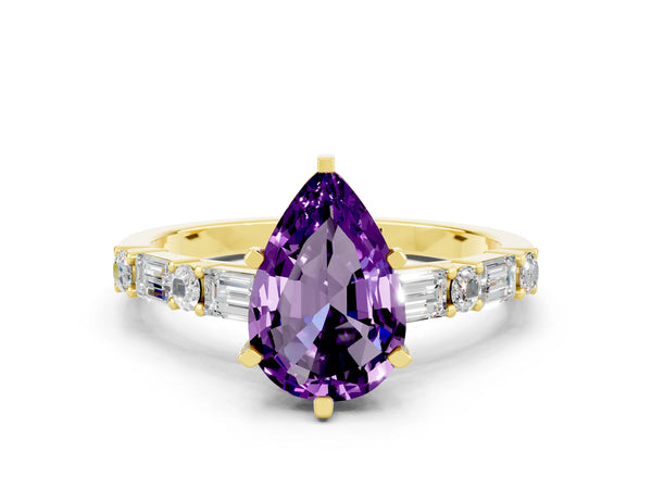 Yellow gold Pear Cut Amethyst Solitaire with Side Baguettes and Channel Set Band