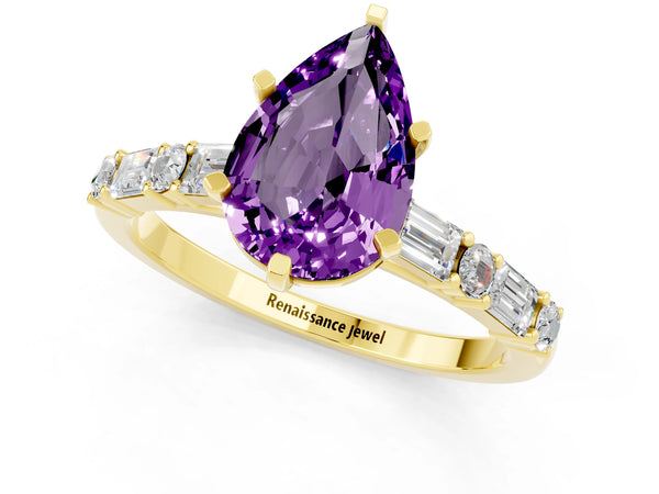Yellow gold Pear Cut Amethyst Solitaire with Side Baguettes and Channel Set Band