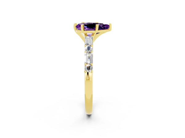 Yellow gold Pear Cut Amethyst Solitaire with Side Baguettes and Channel Set Band