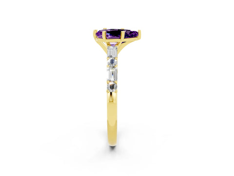 Yellow gold Pear Cut Amethyst Solitaire with Side Baguettes and Channel Set Band_2