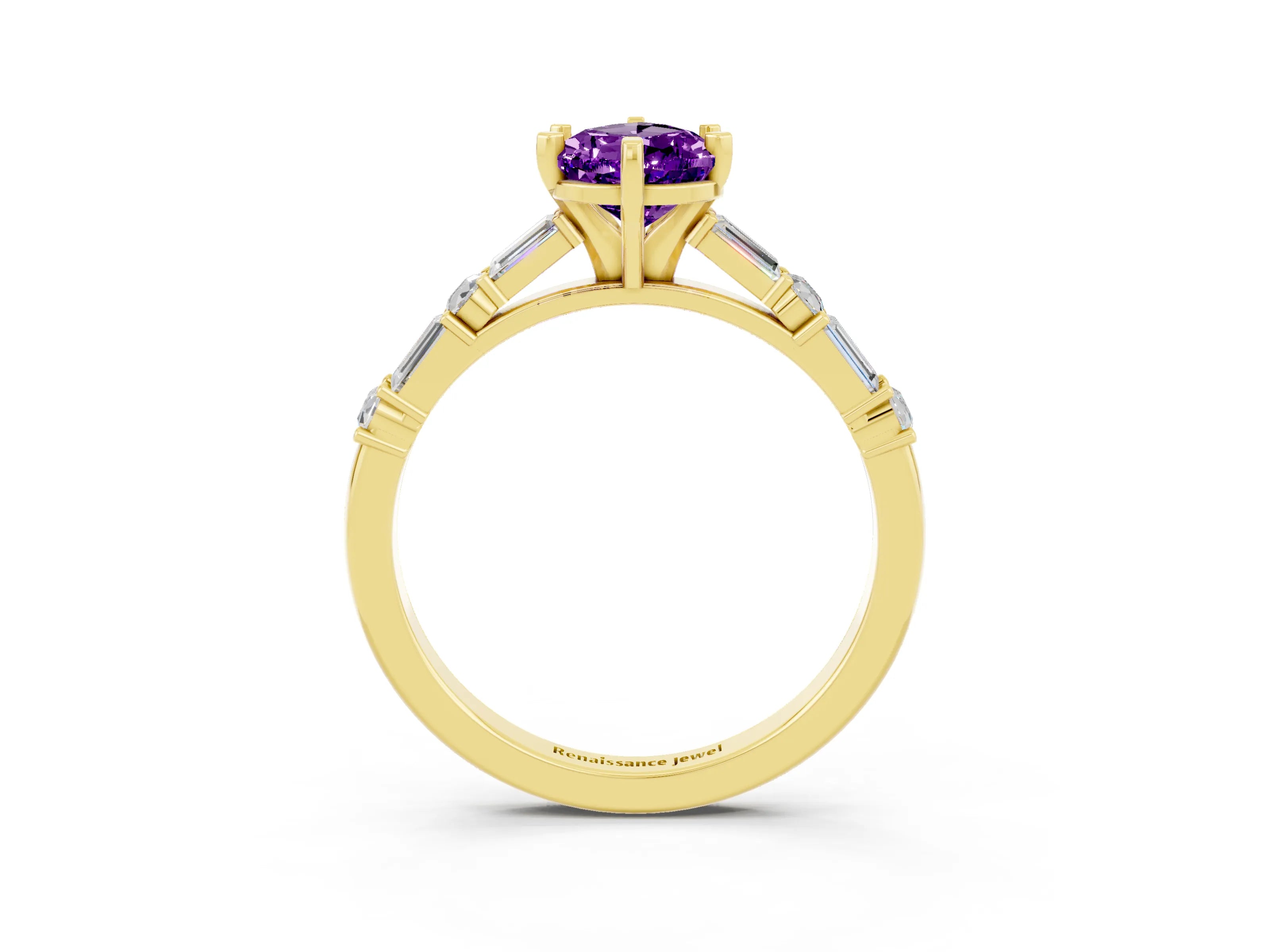 Yellow gold Pear Cut Amethyst Solitaire with Side Baguettes and Channel Set Band_3