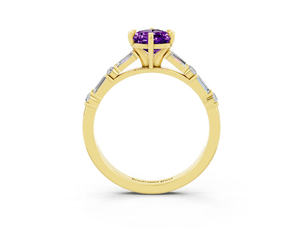 Yellow gold Pear Cut Amethyst Solitaire with Side Baguettes and Channel Set Band