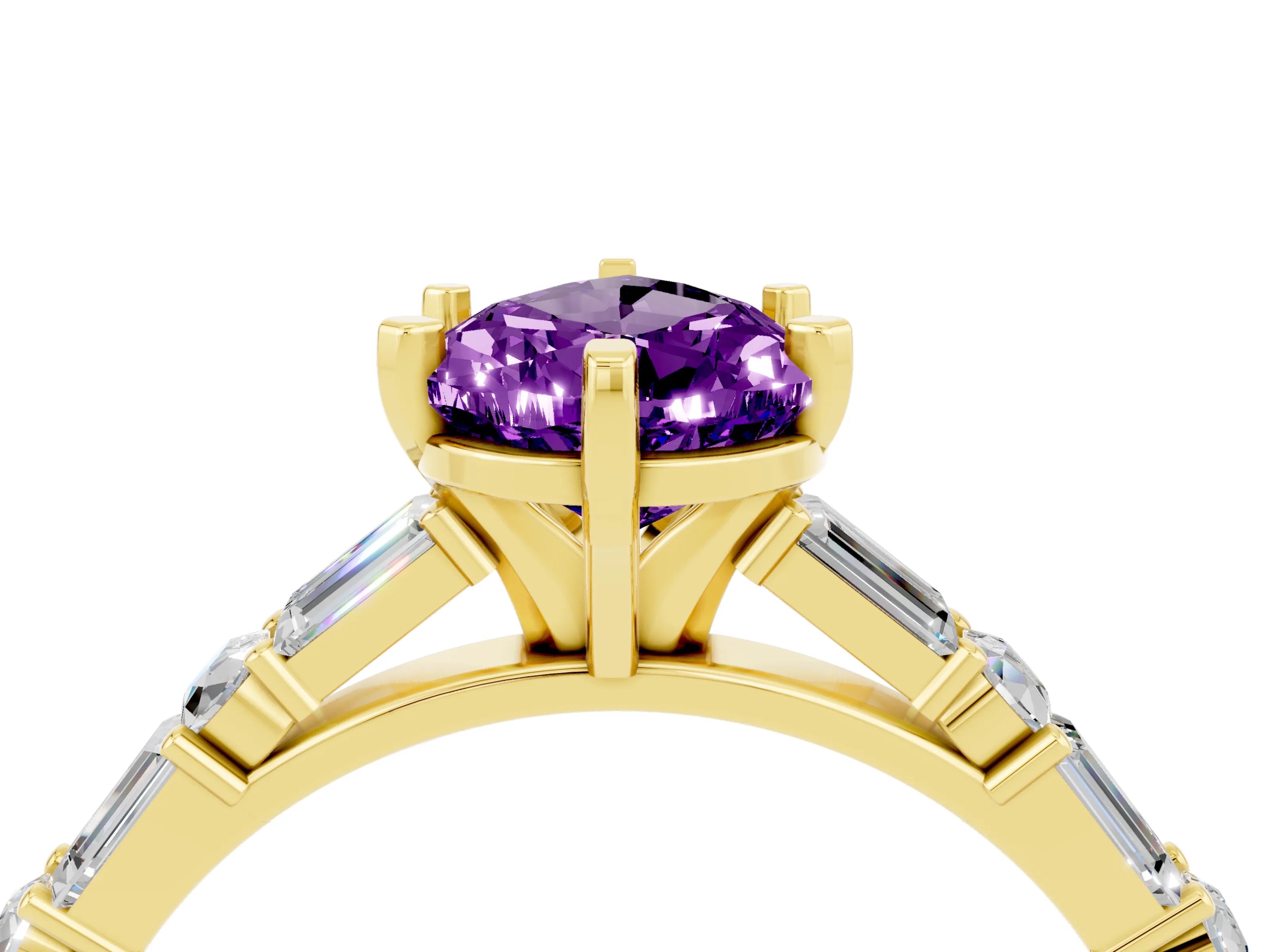 Yellow gold Pear Cut Amethyst Solitaire with Side Baguettes and Channel Set Band_4
