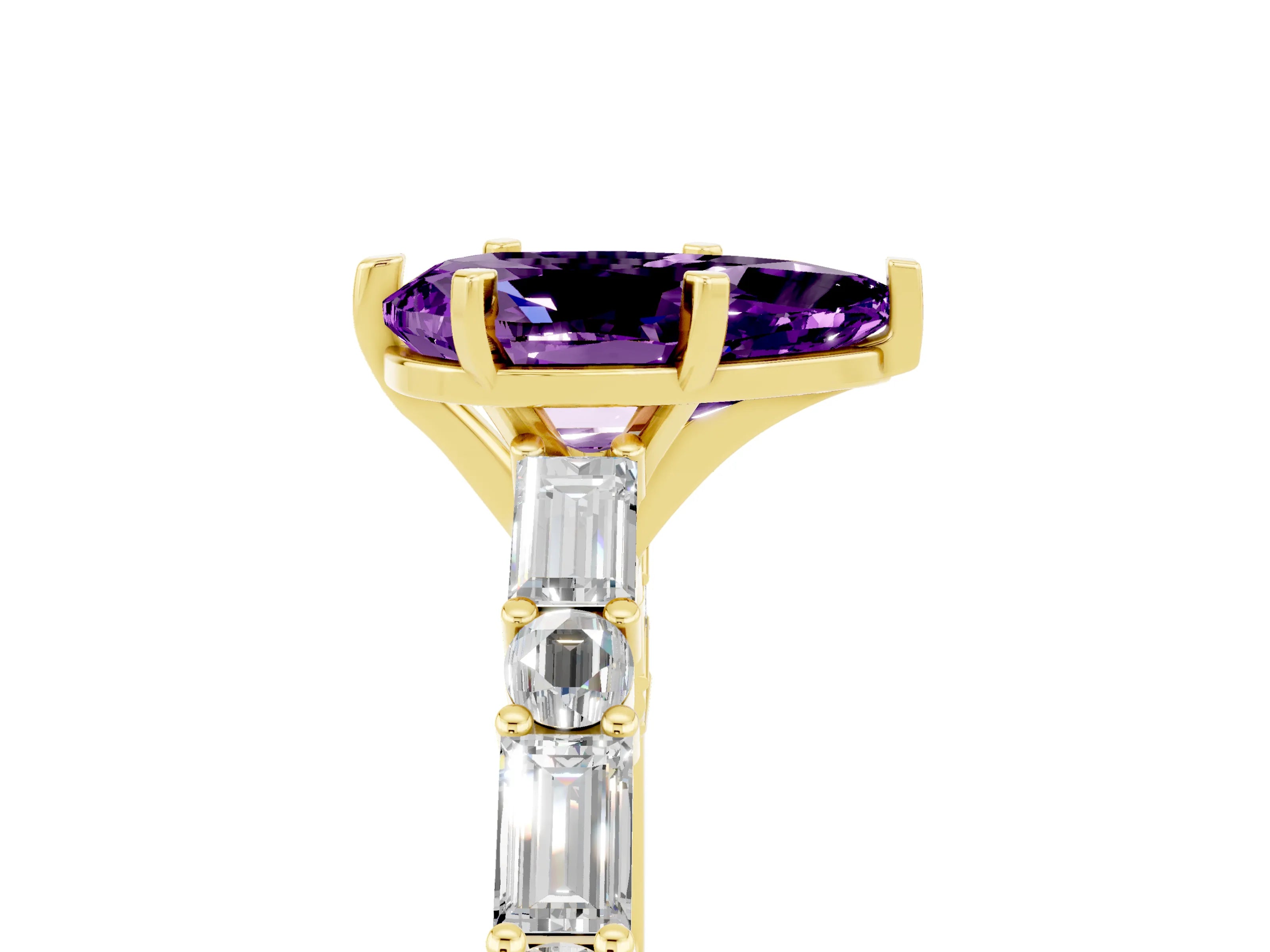 Yellow gold Pear Cut Amethyst Solitaire with Side Baguettes and Channel Set Band_5