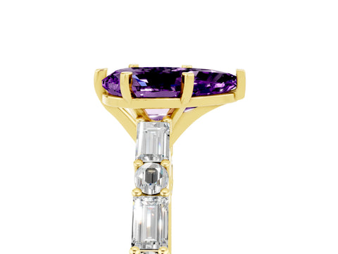 Yellow gold Pear Cut Amethyst Solitaire with Side Baguettes and Channel Set Band_5