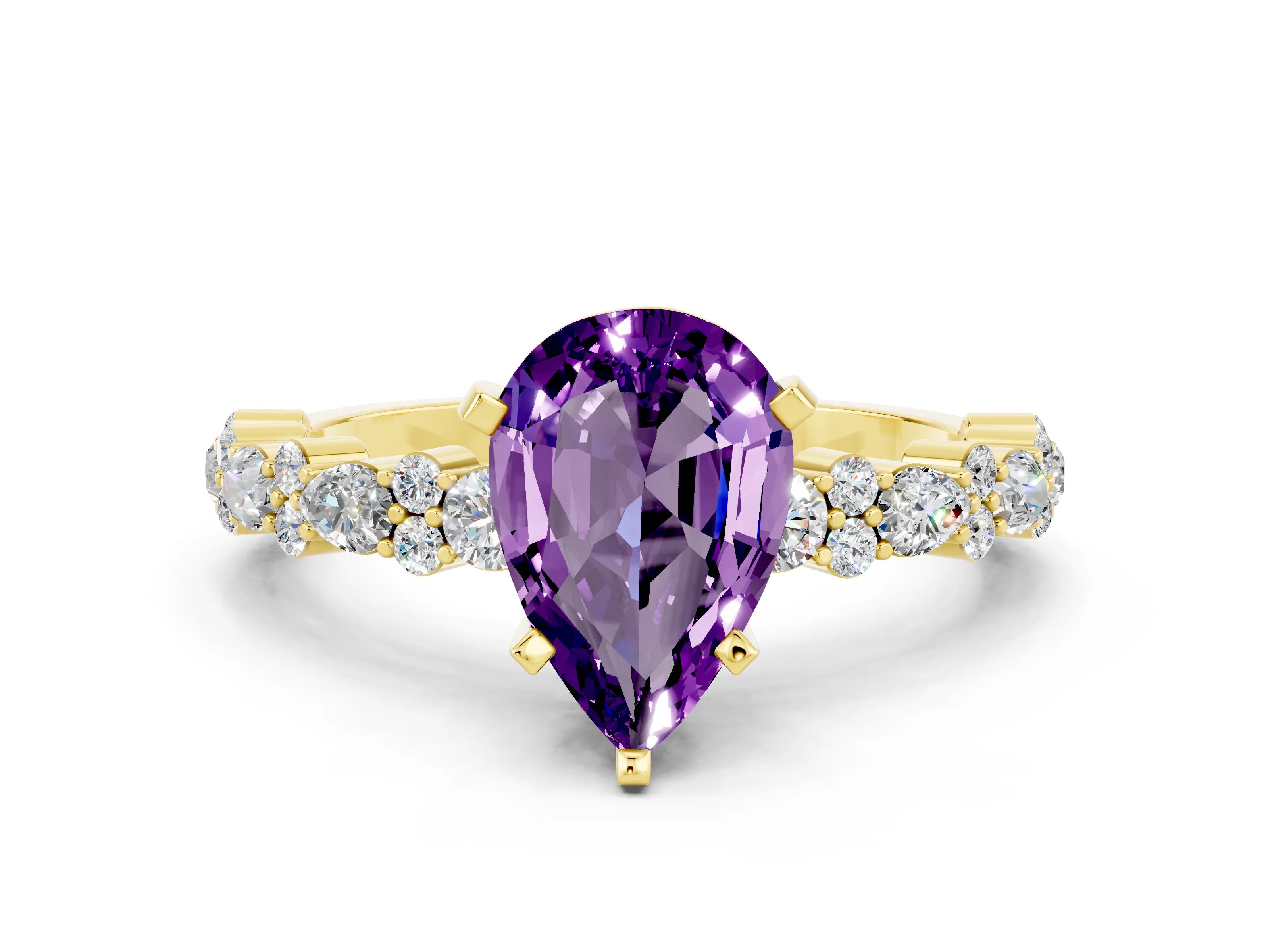 Yellow gold Pear Cut Amethyst Solitaire with Side Stones, Pave Band, Four-Prong Setting_36