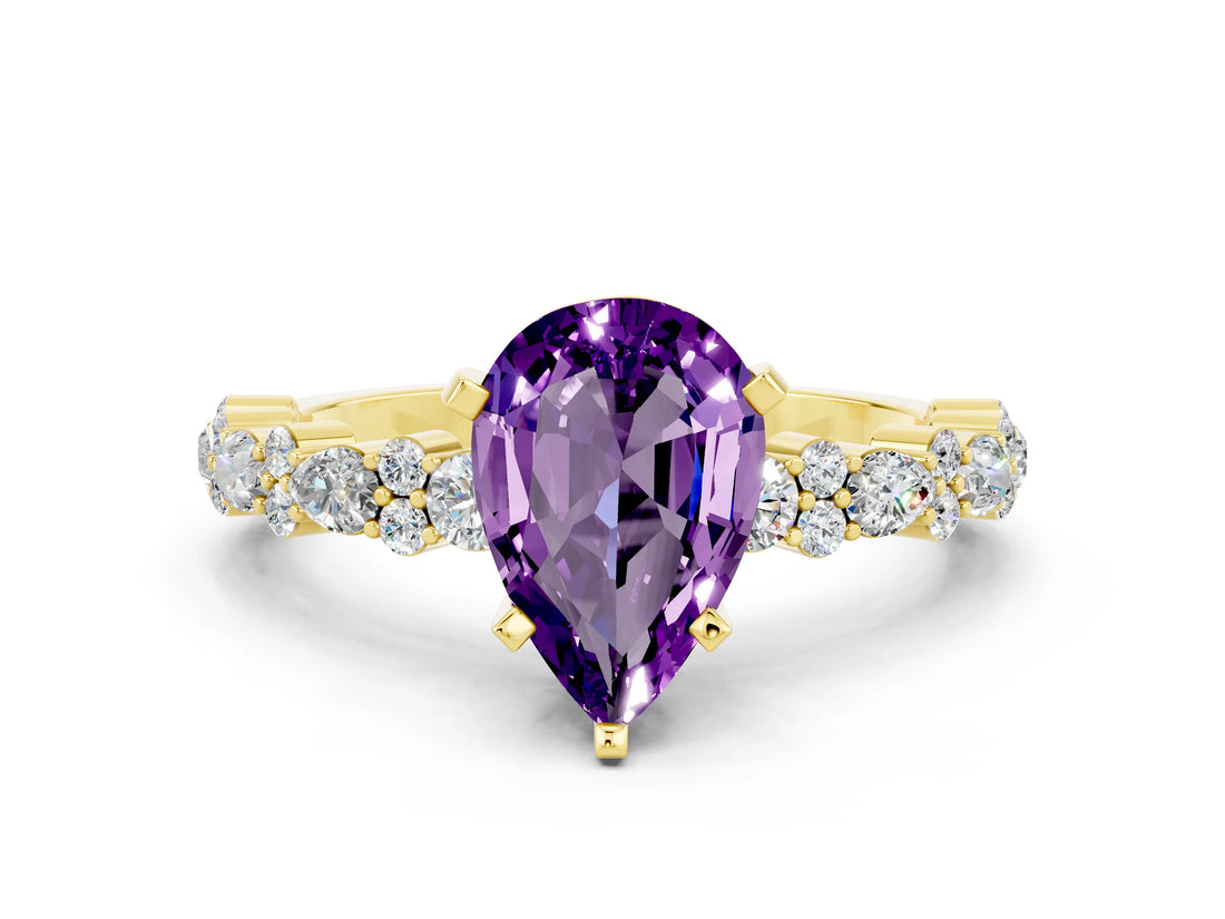 Yellow gold Pear Cut Amethyst Solitaire with Side Stones, Pave Band, Four-Prong Setting_36