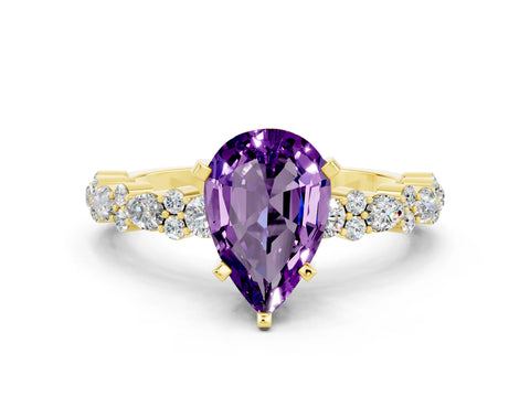 Yellow gold Pear Cut Amethyst Solitaire with Side Stones, Pave Band, Four-Prong Setting_36