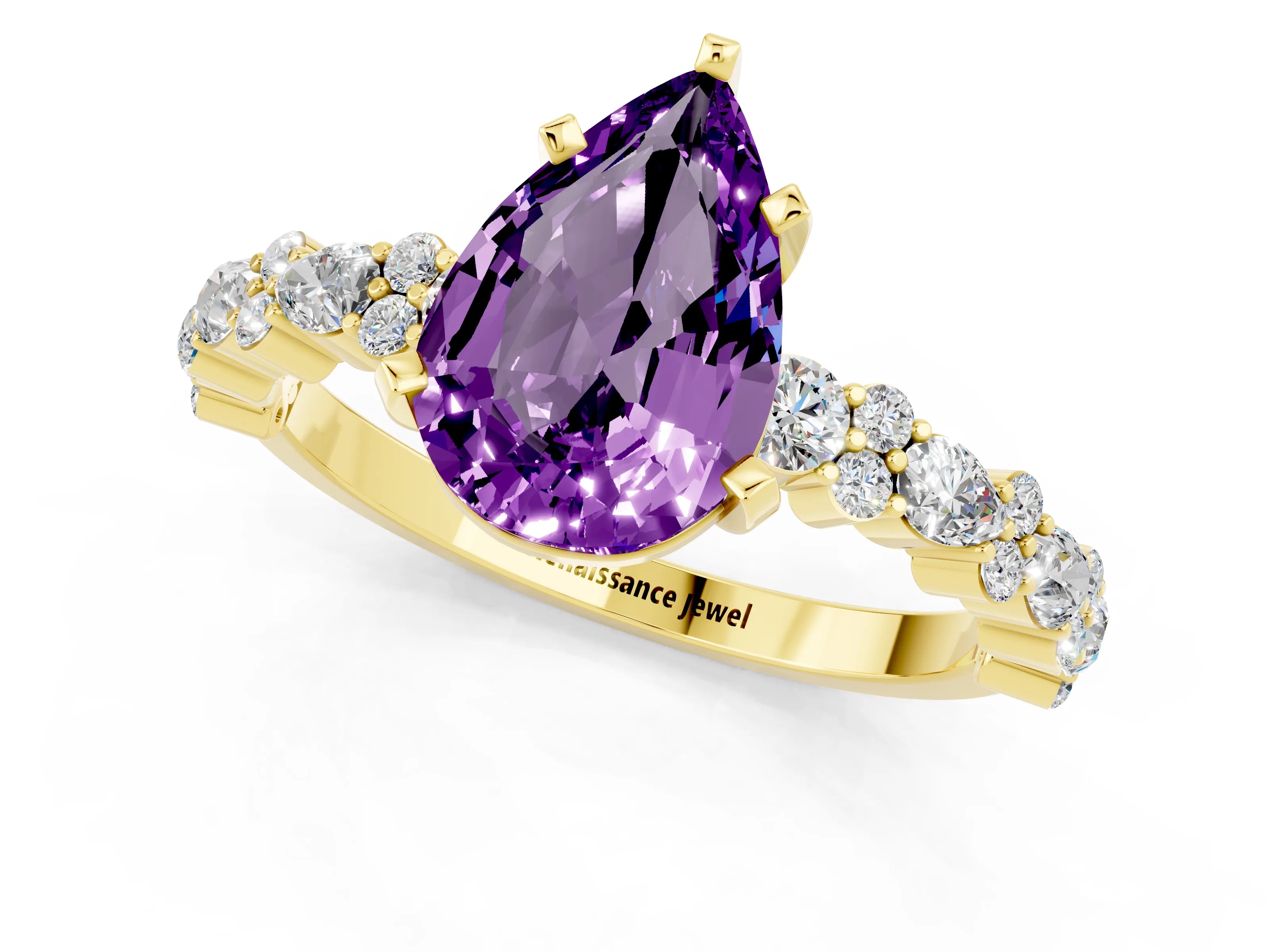 Yellow gold Pear Cut Amethyst Solitaire with Side Stones, Pave Band, Four-Prong Setting_37