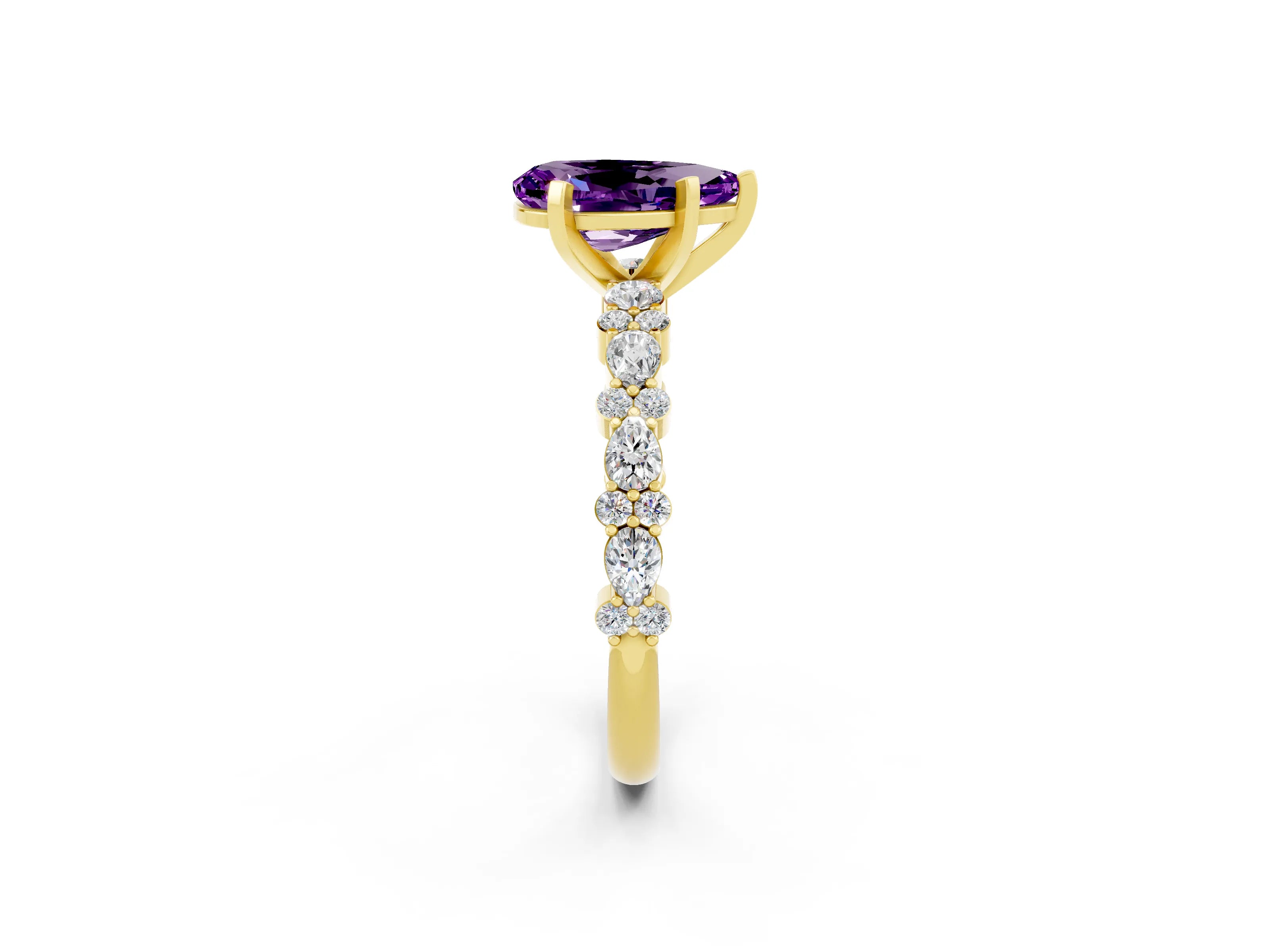 Yellow gold Pear Cut Amethyst Solitaire with Side Stones, Pave Band, Four-Prong Setting_38