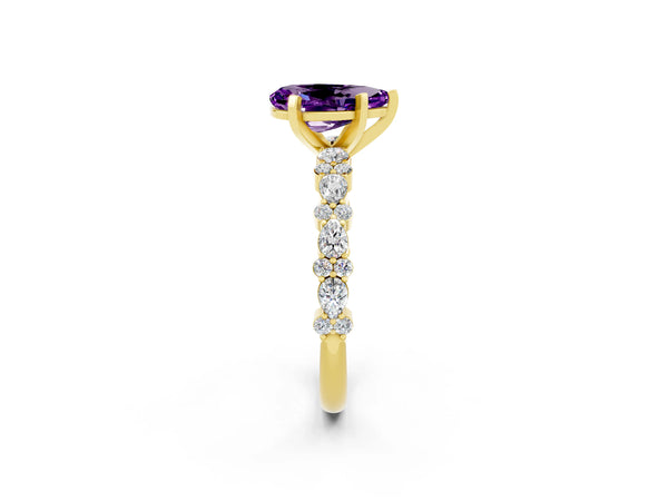 Yellow gold Pear Cut Amethyst Side Stone Solitaire Ring with Round  and Four-Prong Setting