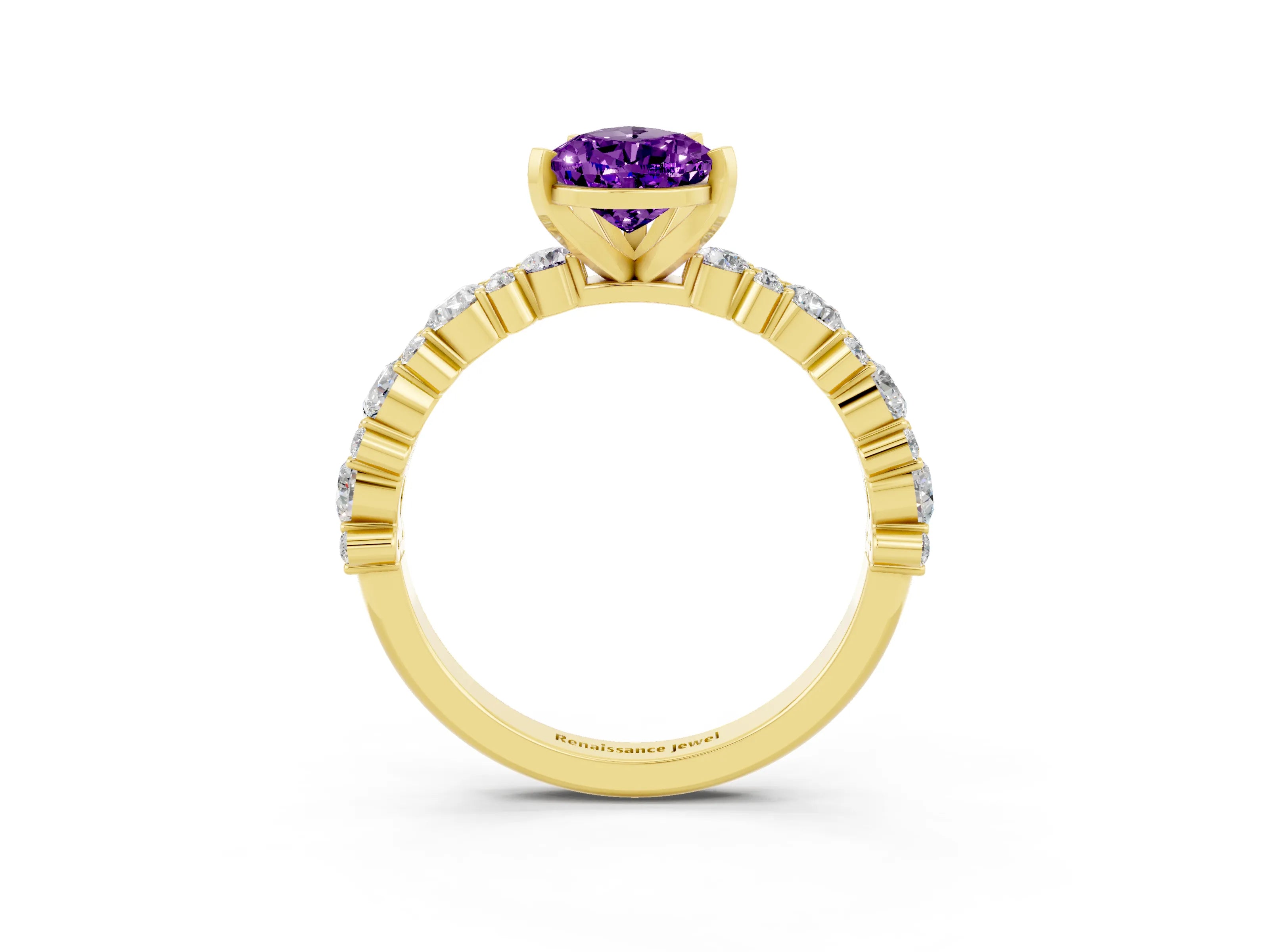 Yellow gold Pear Cut Amethyst Solitaire with Side Stones, Pave Band, Four-Prong Setting_39