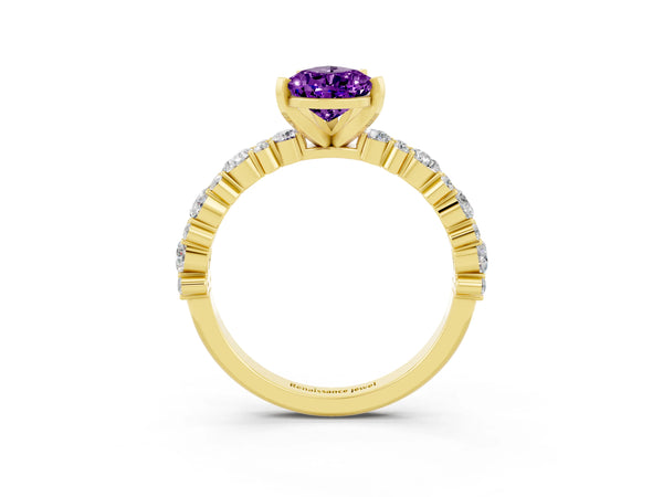 Yellow gold Pear Cut Amethyst Side Stone Solitaire Ring with Round  and Four-Prong Setting