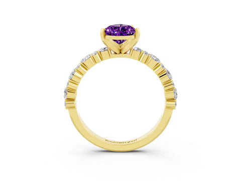 Yellow gold Pear Cut Amethyst Solitaire with Side Stones, Pave Band, Four-Prong Setting_39