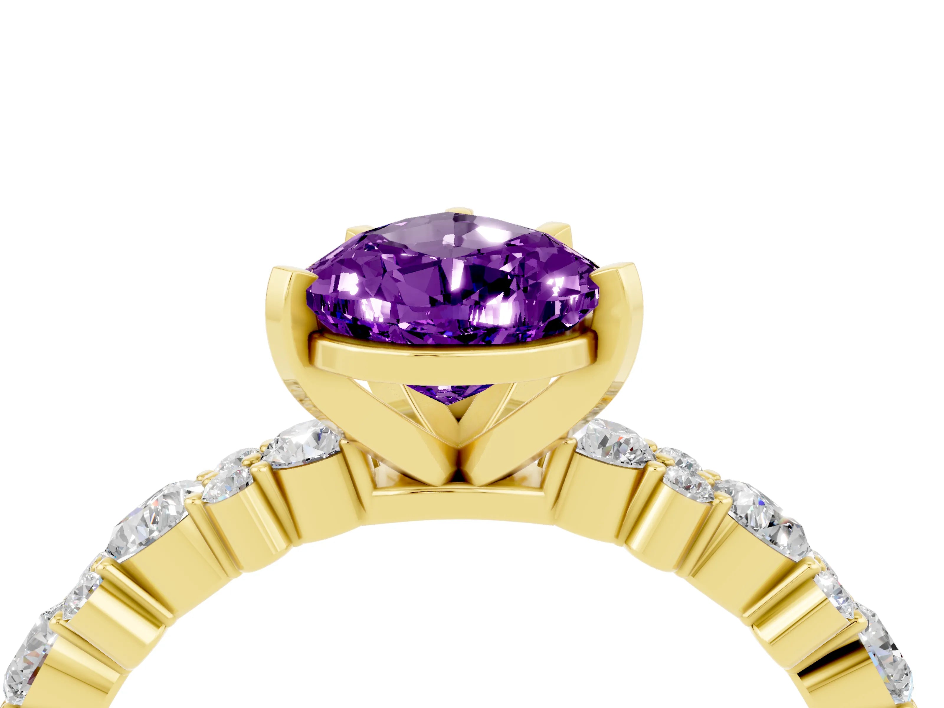 Yellow gold Pear Cut Amethyst Solitaire with Side Stones, Pave Band, Four-Prong Setting_40
