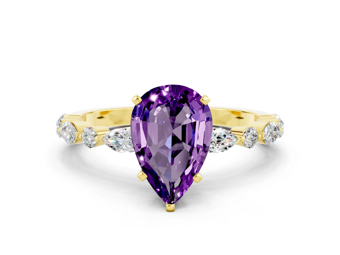 Yellow gold Pear Cut Amethyst Solitaire with Side Stones on a Pavé Band and Four-Prong Setting
