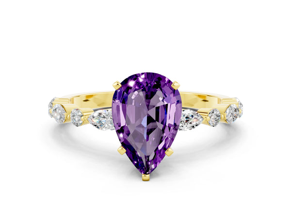Yellow gold Pear Cut Amethyst Ring with Marquise and Round  Side Stones and Four-Prong Setting