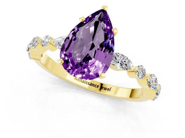 Yellow gold Pear Cut Amethyst Ring with Marquise and Round  Side Stones and Four-Prong Setting