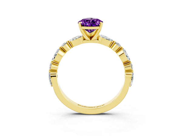 Yellow gold Pear Cut Amethyst Ring with Marquise and Round  Side Stones and Four-Prong Setting