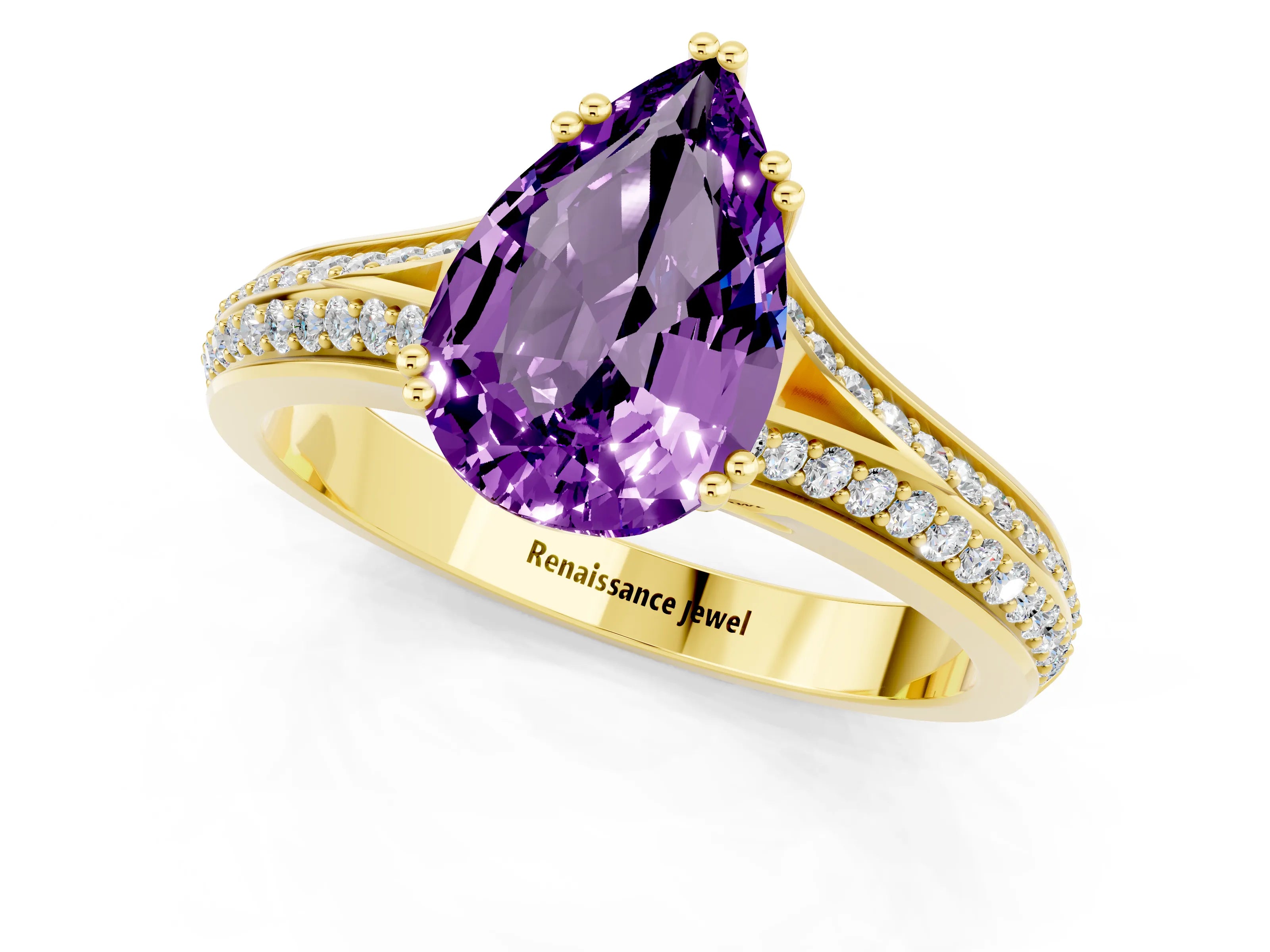 Yellow gold Pear Cut Amethyst Split Shank Engagement Ring with Pavé Band_1