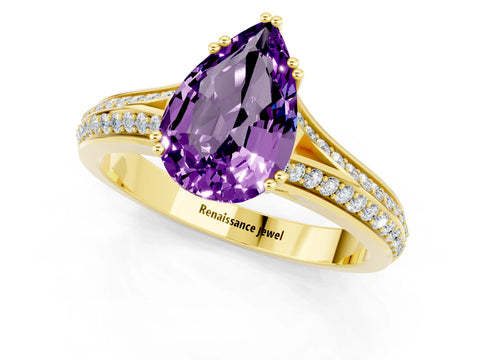 Yellow gold Pear Cut Amethyst Split Shank Engagement Ring with Pavé Band_1