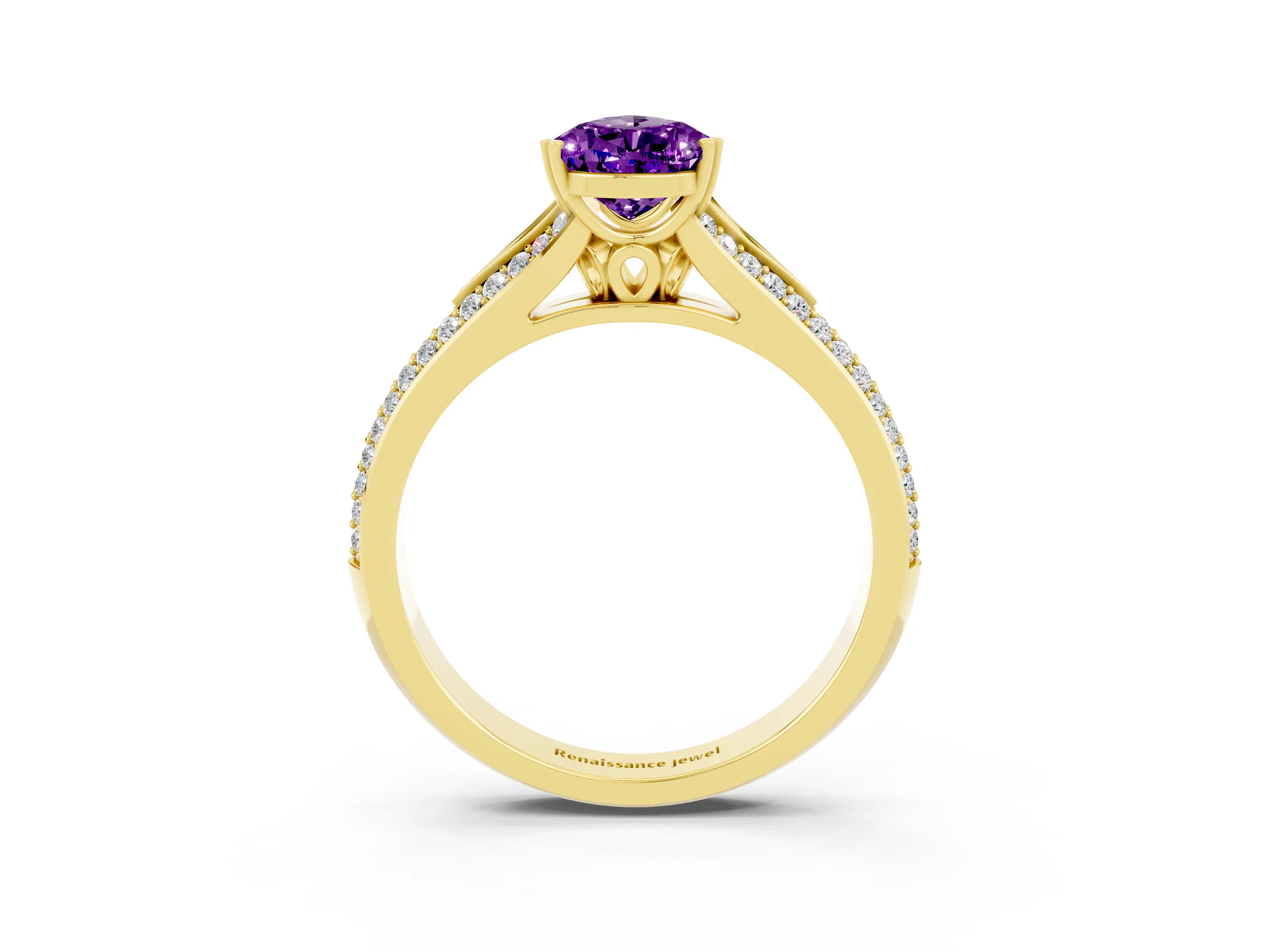 Yellow gold Pear Cut Amethyst Split Shank Engagement Ring with Pavé Band_3