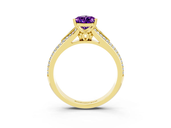 Yellow gold Pear Cut Amethyst Split Shank Engagement Ring with Pavé Band