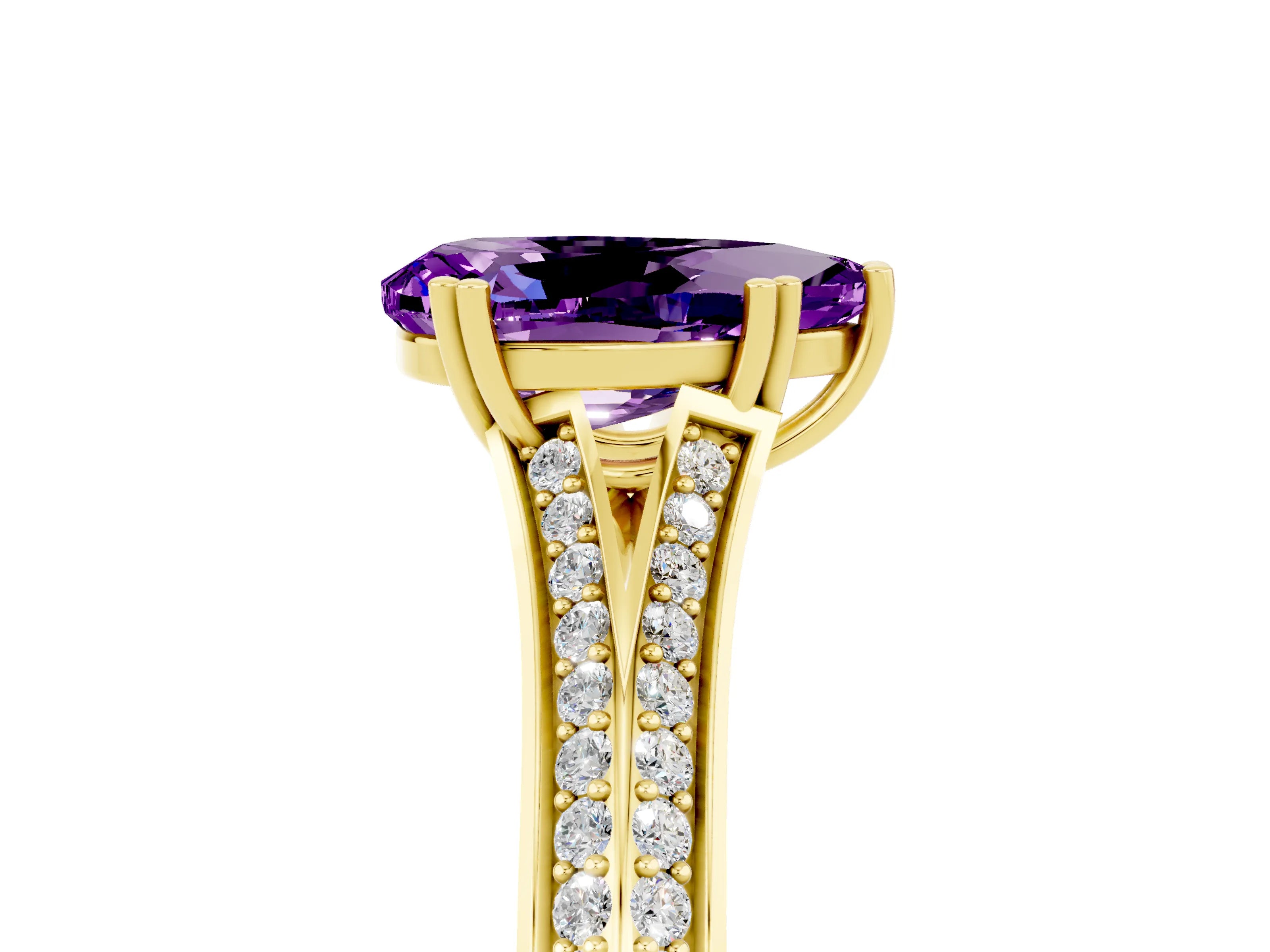 Yellow gold Pear Cut Amethyst Split Shank Engagement Ring with Pavé Band_5
