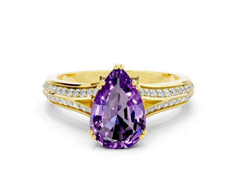 Yellow gold Pear Cut Amethyst Split Shank Engagement Ring with Pavé Band