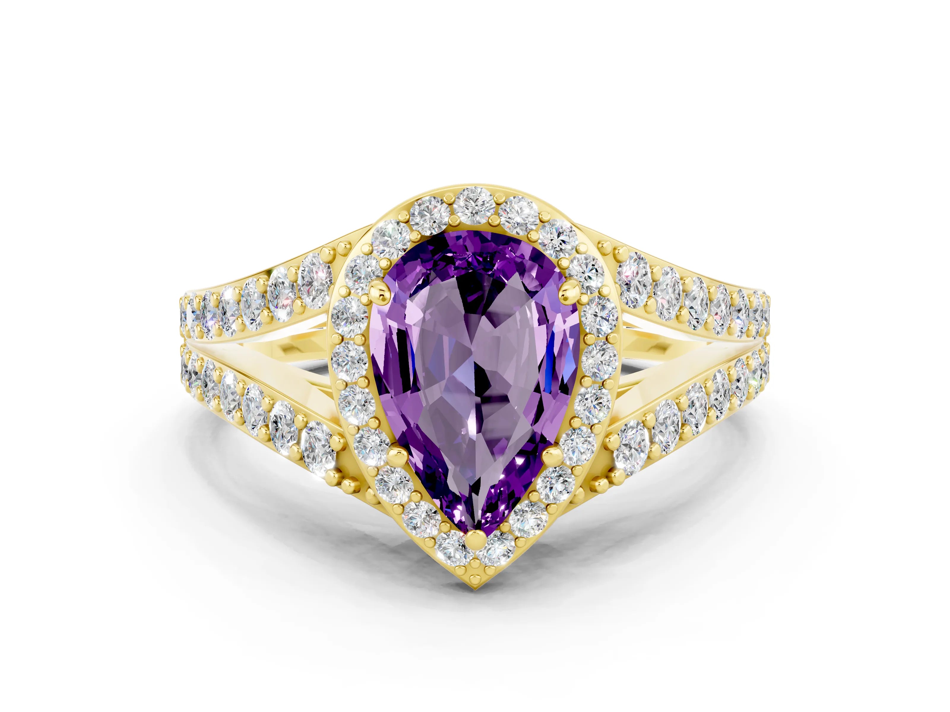 Yellow gold Pear Cut Amethyst Split Shank Halo Ring with Four-Prong Setting_12