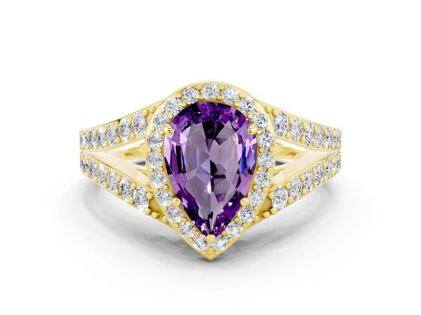 Yellow gold Pear Cut Amethyst Split Shank Halo Ring with Four-Prong Setting