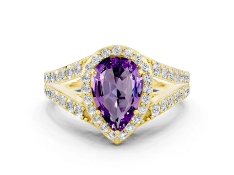 Yellow gold Pear Cut Amethyst Split Shank Halo Ring with Four-Prong Setting_12