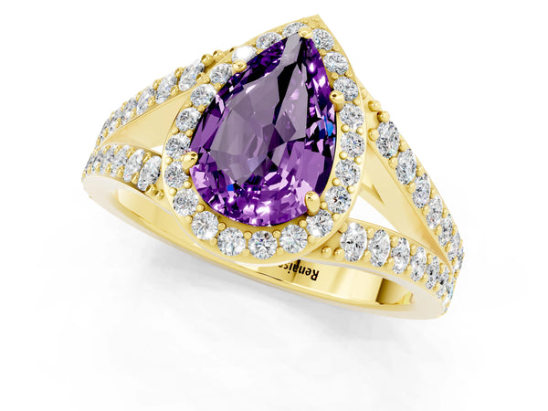 Yellow gold Pear Cut Amethyst Split Shank Halo Ring with Four-Prong Setting