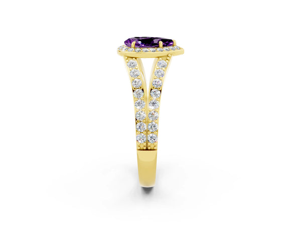 Yellow gold Pear Cut Amethyst Split Shank Halo Ring with Four-Prong Setting