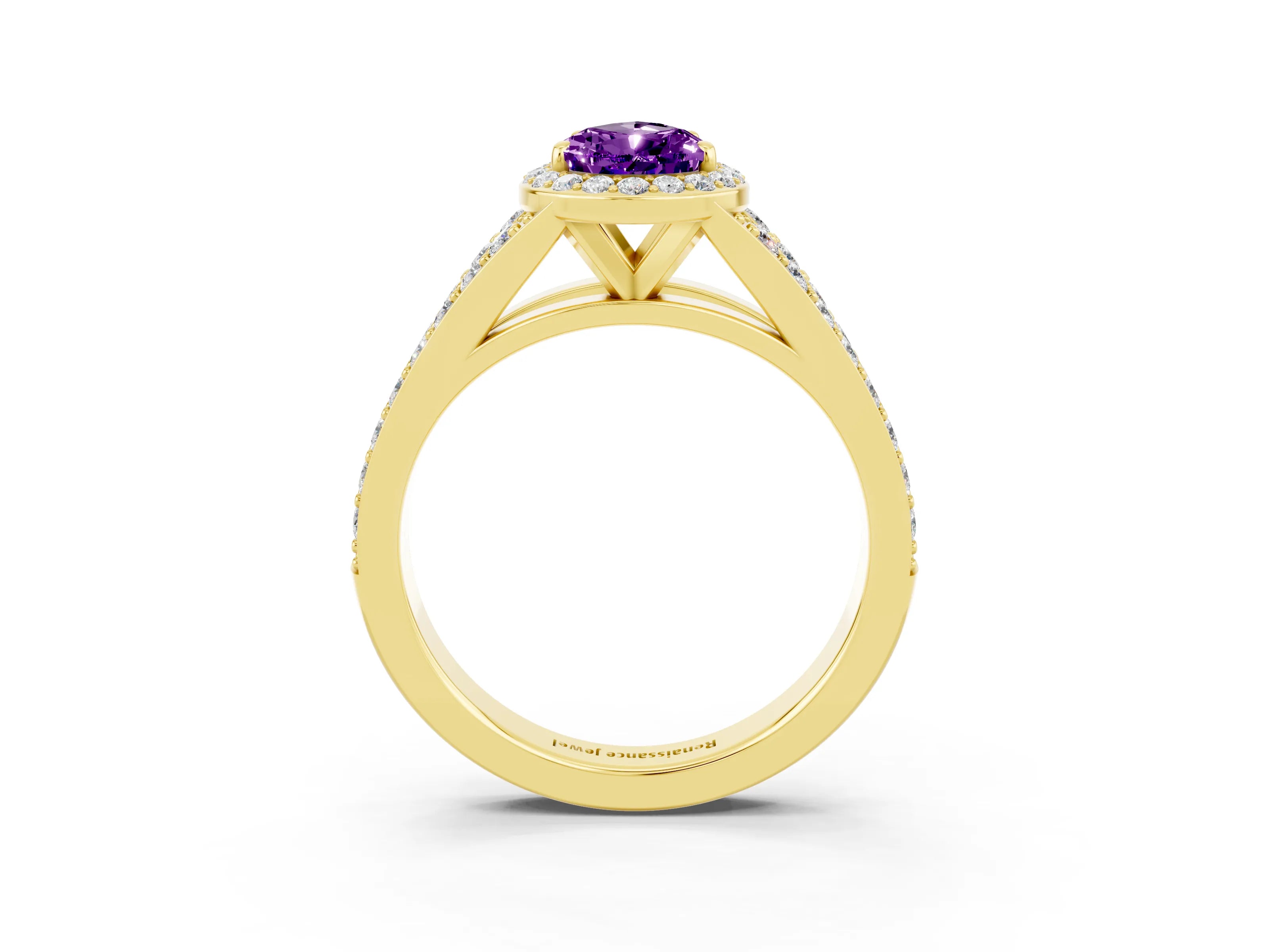 Yellow gold Pear Cut Amethyst Split Shank Halo Ring with Four-Prong Setting_15
