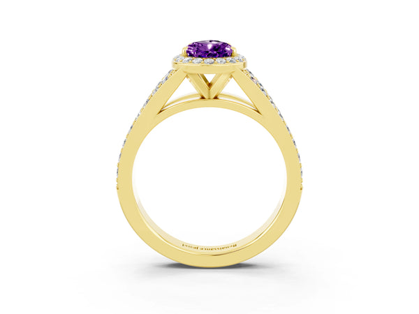 Yellow gold Pear Cut Amethyst Split Shank Halo Ring with Four-Prong Setting