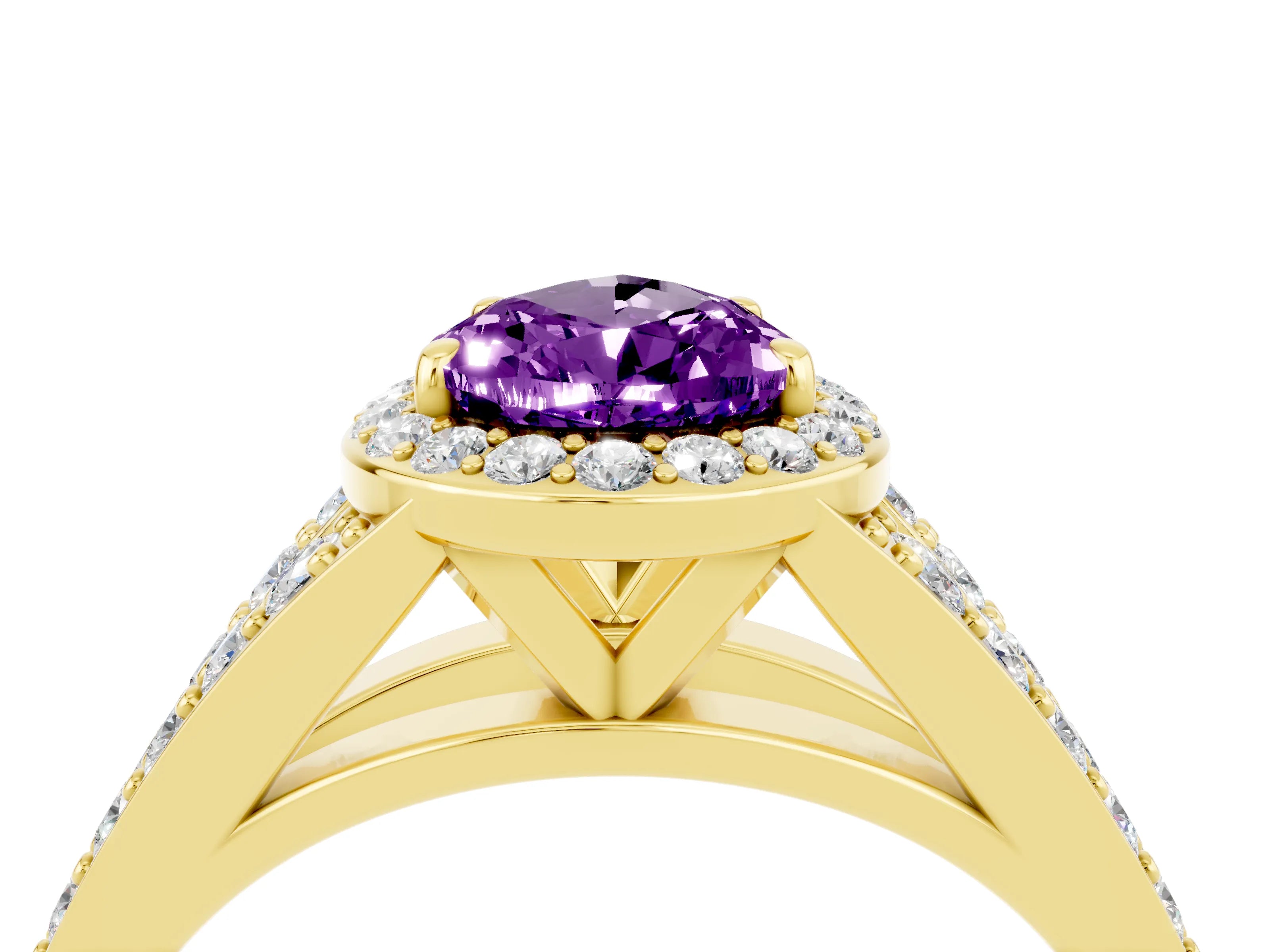 Yellow gold Pear Cut Amethyst Split Shank Halo Ring with Four-Prong Setting_16