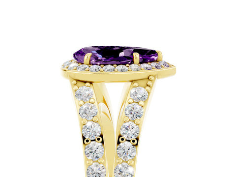 Yellow gold Pear Cut Amethyst Split Shank Halo Ring with Four-Prong Setting_17