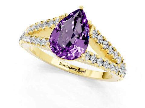 Yellow gold Pear Cut Amethyst Split Shank Pavé Engagement Ring with Four-Prong Setting_13