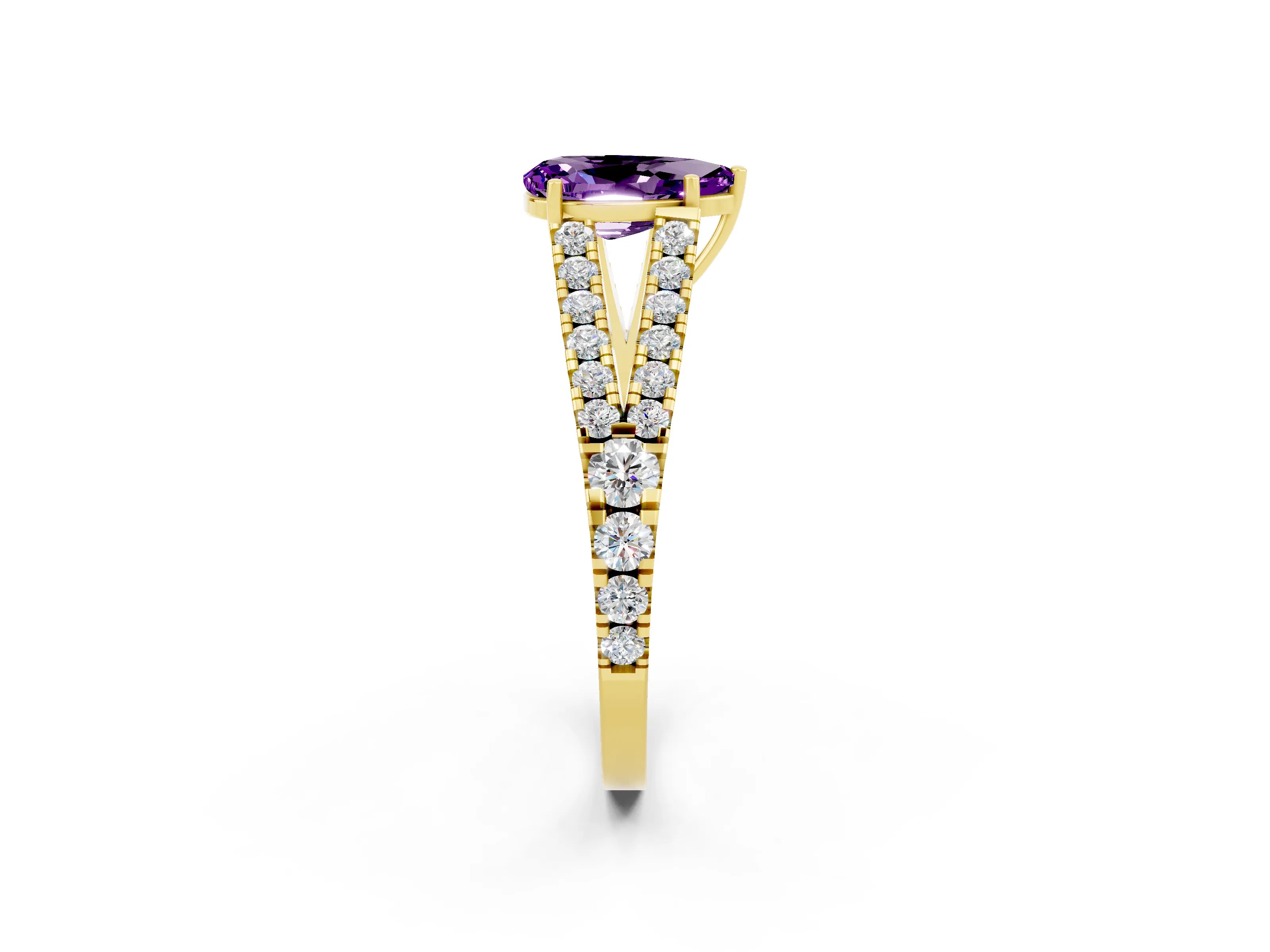 Yellow gold Pear Cut Amethyst Split Shank Pavé Engagement Ring with Four-Prong Setting_14