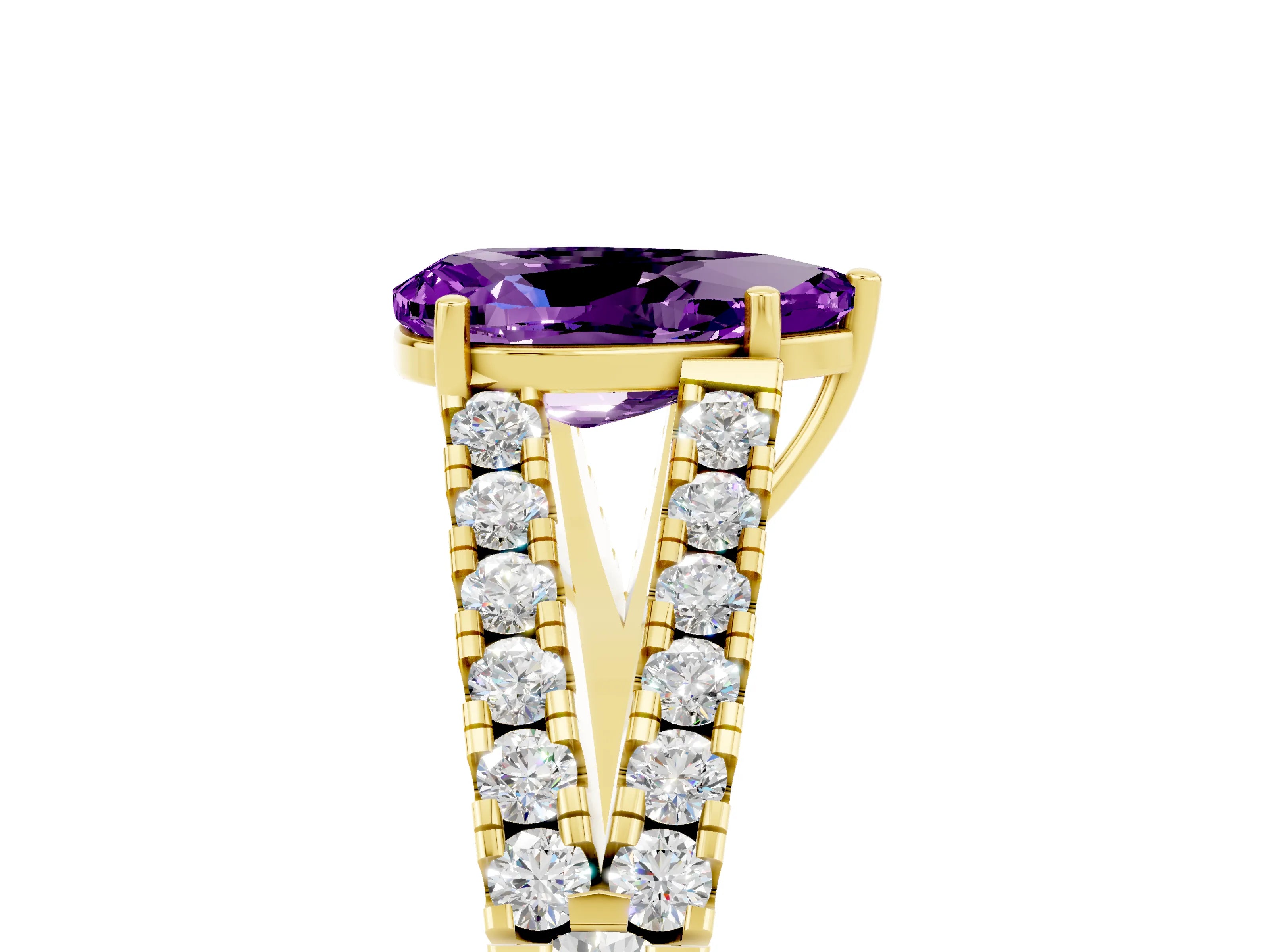 Yellow gold Pear Cut Amethyst Split Shank Pavé Engagement Ring with Four-Prong Setting_17