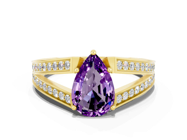 Yellow gold Pear Cut Amethyst Split Shank Ring with Pavé Band and Four-Prong Setting