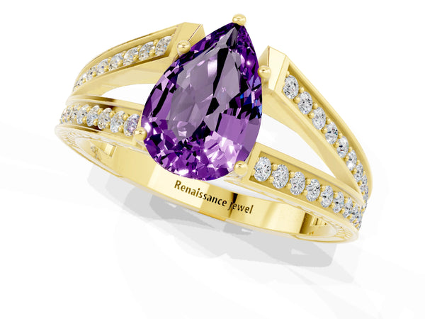 Yellow gold Pear Cut Amethyst Split Shank Ring with Pavé Band and Four-Prong Setting
