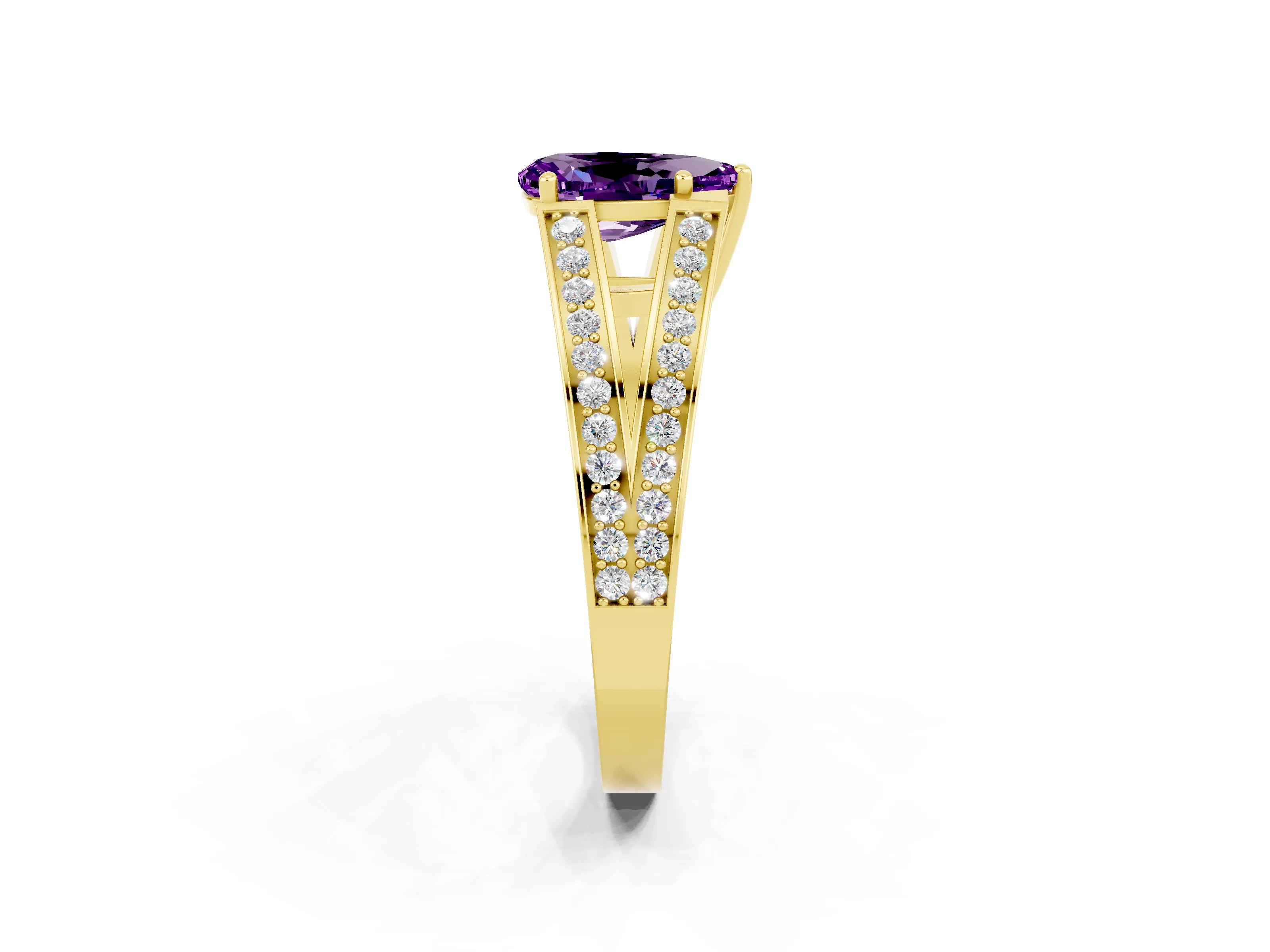 Yellow gold Pear Cut Amethyst Split Shank Ring with Pavé Band and Four-Prong Setting_2