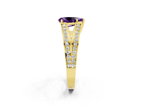Yellow gold Pear Cut Amethyst Split Shank Ring with Pavé Band and Four-Prong Setting