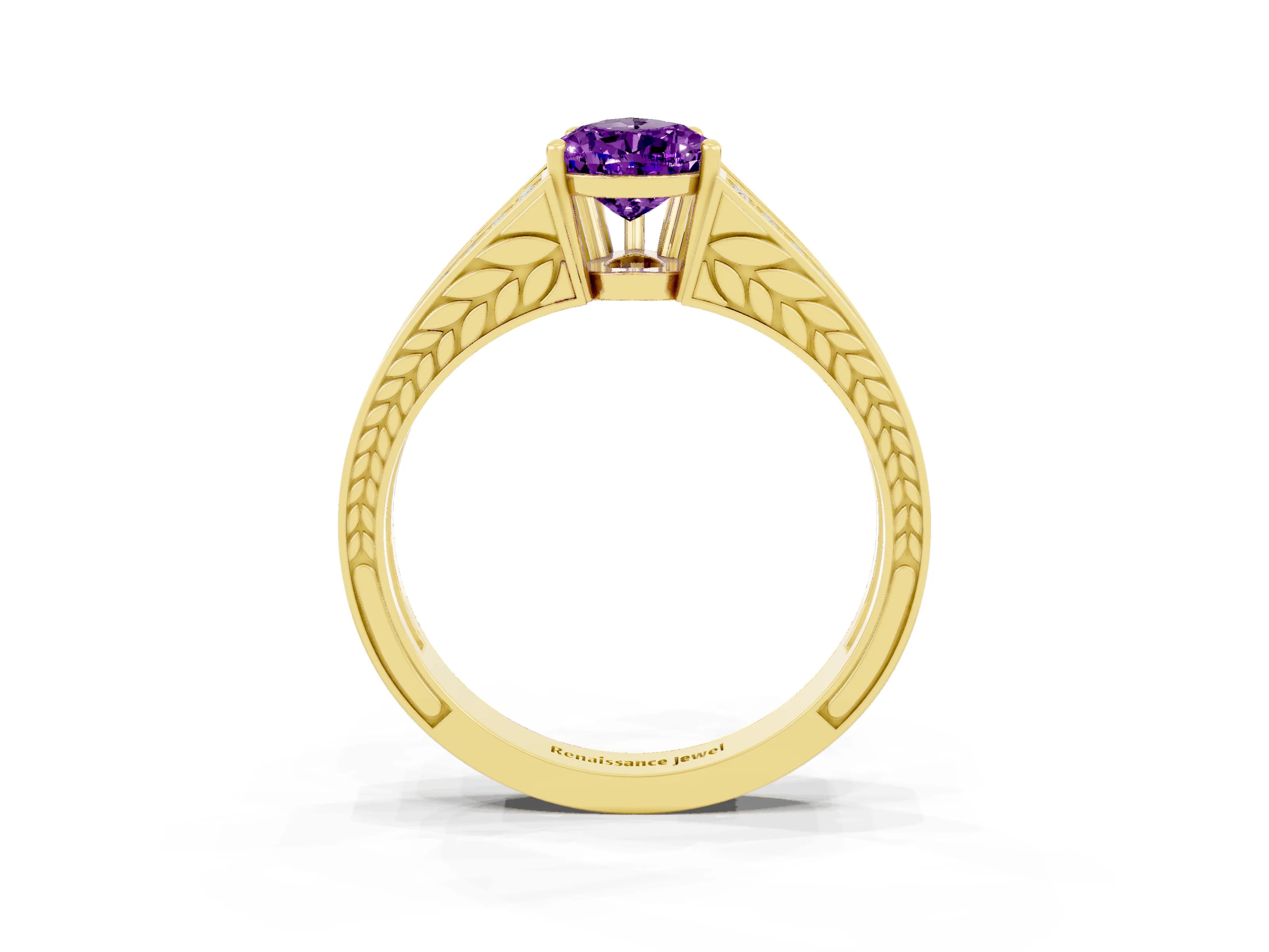 Yellow gold Pear Cut Amethyst Split Shank Ring with Pavé Band and Four-Prong Setting_3