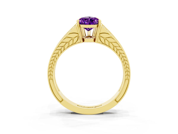 Yellow gold Pear Cut Amethyst Split Shank Ring with Pavé Band and Four-Prong Setting