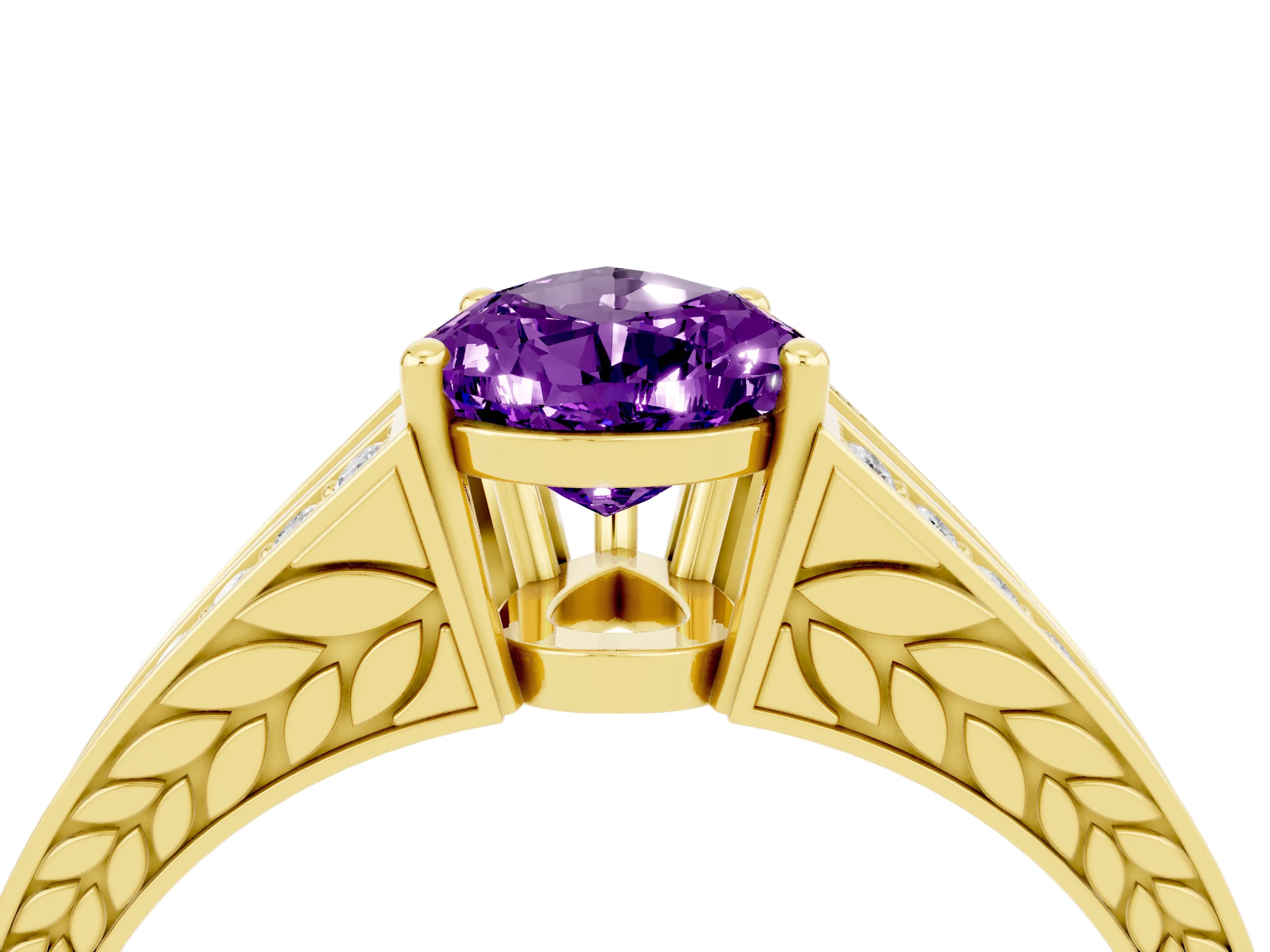 Yellow gold Pear Cut Amethyst Split Shank Ring with Pavé Band and Four-Prong Setting_4