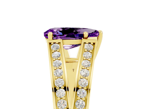 Yellow gold Pear Cut Amethyst Split Shank Ring with Pavé Band and Four-Prong Setting_5