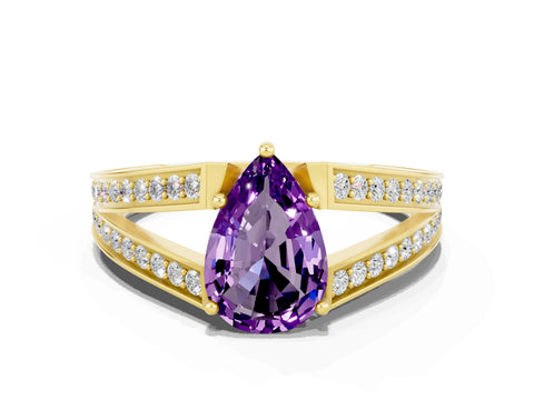 Yellow gold Pear Cut Amethyst Split Shank Ring with Pavé Band and Four-Prong Setting